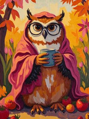 Owl in a cozy blanket holding a cup among autumn scenery