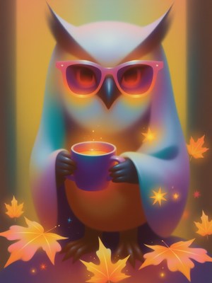 Owl enjoys a warm drink surrounded by autumn leaves