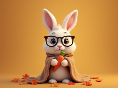 Cute rabbit in glasses holding a carrot on autumn leaves