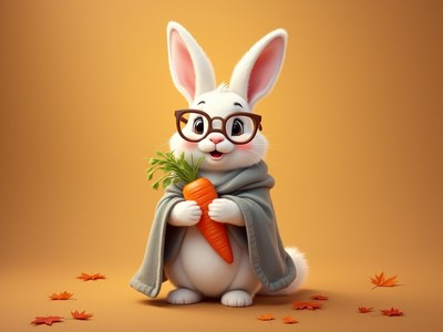 Adorable rabbit with glasses holding a carrot in autumn