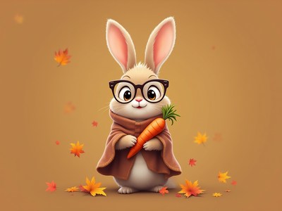 Cute rabbit wearing glasses holds a carrot in autumn