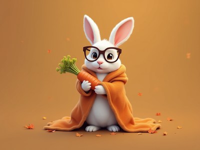 Cute rabbit in glasses holding a carrot in cozy setting