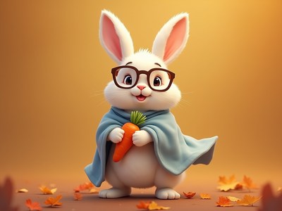 Cute rabbit with glasses holding a carrot in autumn setting