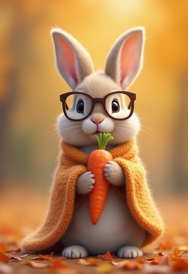 Cute rabbit in cozy blanket holding a carrot