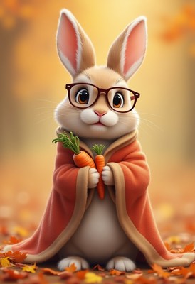 Cute rabbit with glasses holding carrots in autumn setting