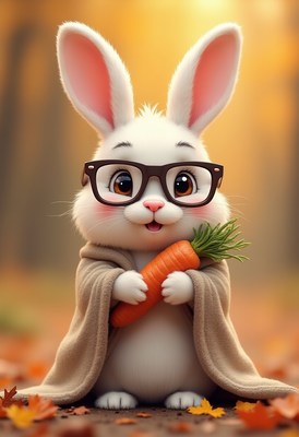 Cute rabbit in glasses holding carrot in autumn setting