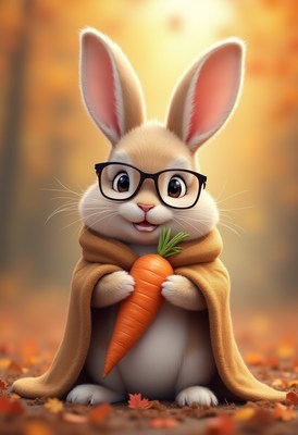 Happy rabbit in glasses holding carrot in autumn forest