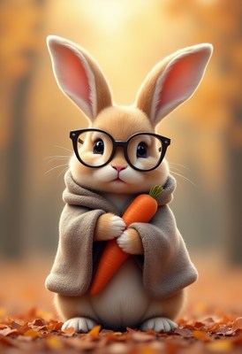 Cute rabbit wearing glasses holds carrot in autumn setting
