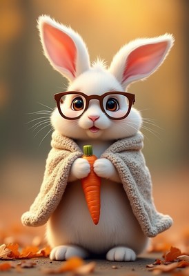 Cute rabbit in glasses holding a carrot in autumn