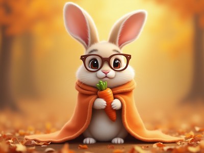 Cute rabbit wearing glasses poses with a carrot in autumn