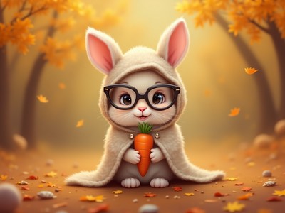 Cute rabbit in cozy cape holding carrot in autumn forest