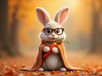 Cute rabbit wearing glasses holds a carrot in autumn