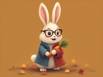 Cute cartoon rabbit holding carrot in colorful coat