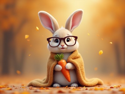 Cute rabbit wearing glasses holds a carrot in the forest
