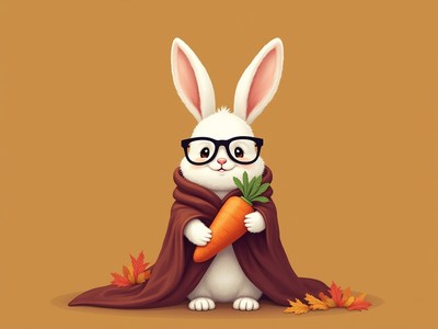 Cute rabbit wearing glasses holds a carrot in fall setting