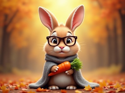 Cute rabbit wearing glasses holds a carrot in autumn