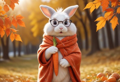 Rabbit with glasses holding carrot in autumn park