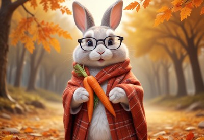 Rabbit in glasses holding a carrot in the autumn forest