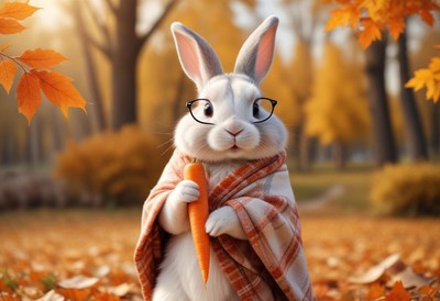Rabbit wearing glasses enjoys a cozy autumn day