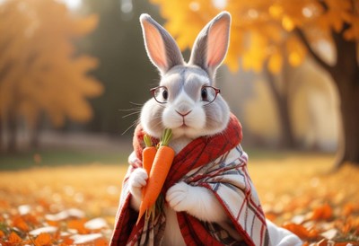 Rabbit in a blanket holding carrots in autumn park