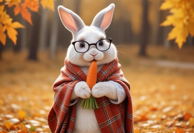 Cute rabbit enjoys a carrot in the autumn forest