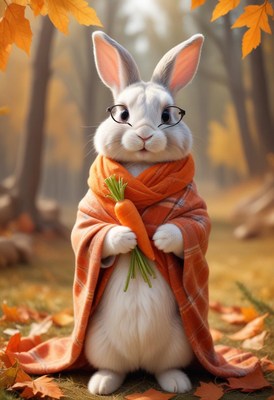 Rabbit in glasses holding a carrot in autumn forest