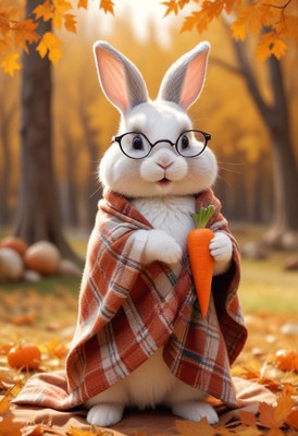 Cute bunny with glasses holding carrot in autumn forest