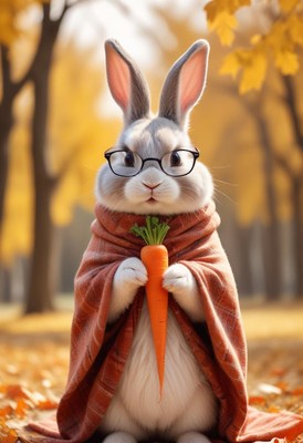 Cute rabbit in glasses holds carrot during autumn season