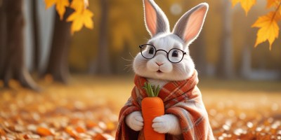 Cute rabbit holding a carrot in autumn leaves