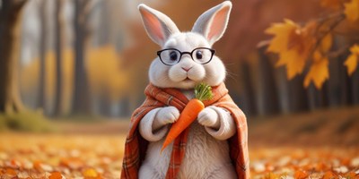 Rabbit in glasses holding a carrot among autumn leaves
