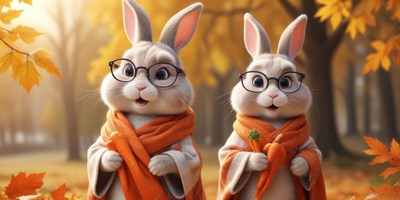 Cute rabbits enjoy autumn in a vibrant forest