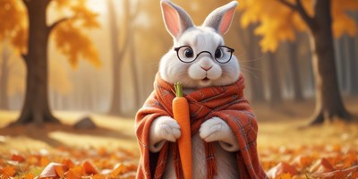 Cute rabbit wearing glasses holds carrot in autumn park