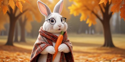 Whimsical bunny in autumn with carrot in vibrant park