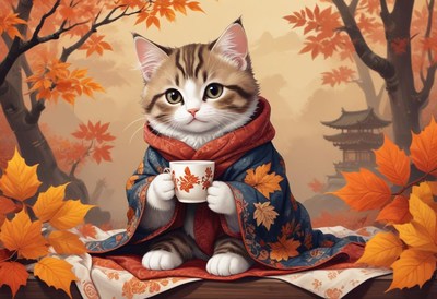 Cute cat in autumn setting with a warm drink