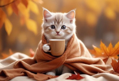Cute kitten wrapped in a blanket with a warm cup