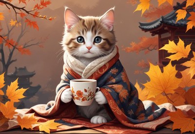 Cat enjoys tea under autumn leaves in a cozy setting