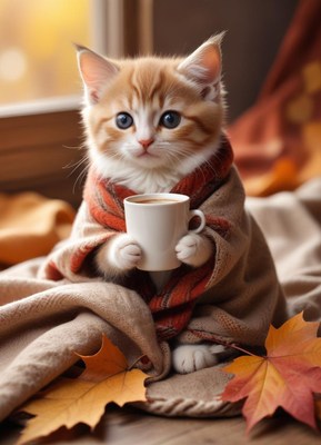 Cozy kitten holding a cup in autumn setting