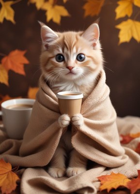 Cozy cat holding a cup in autumn setting with leaves