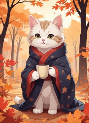 Cat in a cozy cloak enjoying autumn vibes in the forest