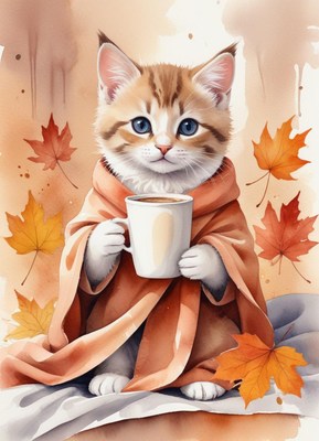 Cozy cat enjoys warm drink surrounded by autumn leaves