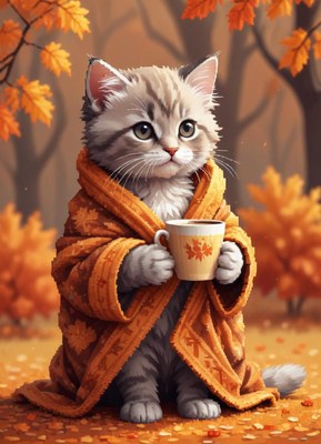 Cozy cat enjoys autumn in a warm blanket with a cup