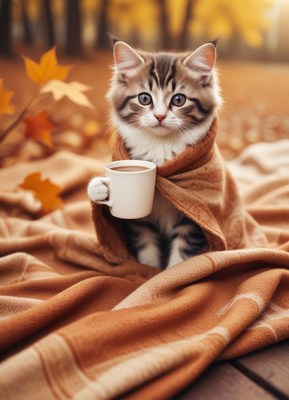 Kitten wrapped in blanket enjoying a warm drink outdoors