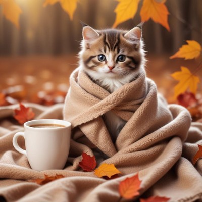 Cozy kitten wrapped in a blanket with autumn leaves