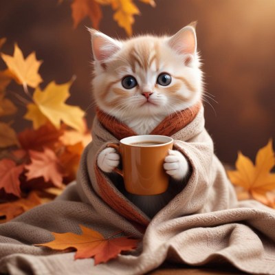 Cozy kitten enjoying a warm drink in autumn leaves