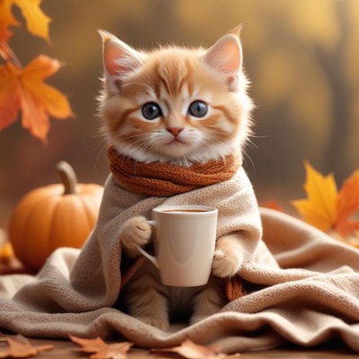 Cute kitten holds warm drink in autumn setting