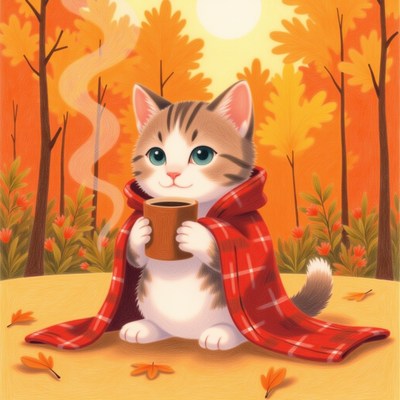Cozy cat enjoys warm drink in autumn forest landscape