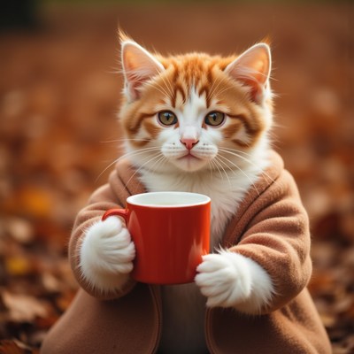 Cute cat in cozy outfit holding a red cup outdoors