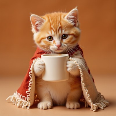 Cute kitten holding a cup wrapped in a cozy blanket