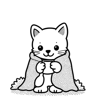 Cozy cat holding a warm drink under a blanket
