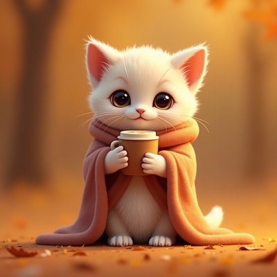 Cute white kitten wrapped in a cozy blanket with a cup